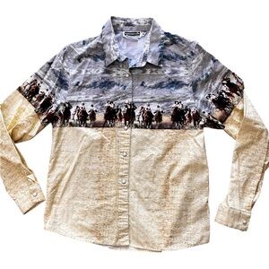 Vintage Panhandle Slim Western M cowboy scene Long Sleeve Shirt pearl snaps